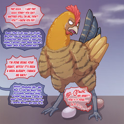 after_oviposition after_transformation angry animal_noises black_tail brown_body brown_feathers brown_markings dialogue egg feathers feet female feral feral_transformation glare glaring grey_feet markings offscreen_character orange_body orange_feathers simple_background solo species_transformation speech_bubble striped_body striped_markings stripes tail tail_feathers talking_feral talons text toes transformation animatics avian bird chicken galliform phasianid 1:1 english_text hi_res