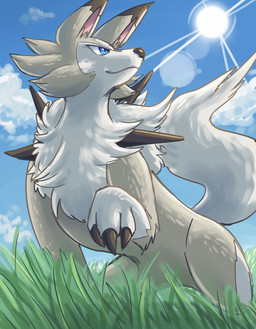ambiguous_gender blue_eyes brown_body brown_fur claws feral fur solo sun peegeray nintendo pokemon canid canine generation_7_pokemon lycanroc mammal midday_lycanroc pokemon_(species) 2016