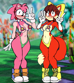 accessory anthro bikini blush camel_toe clothing duo female footwear freckles gesture gloves hair_accessory hair_tie hand_gesture handwear navel neck_collar outside shoes swimwear thong two-piece_swimsuit underwear v_sign justtaylor archie_comics classic_sonic_(universe) sega sonic_the_hedgehog_(archie) sonic_the_hedgehog_(comics) sonic_the_hedgehog_(series) amy_rose classic_amy_rose fiona_fox canid canine eulipotyphlan fox hedgehog mammal absurd_res hi_res