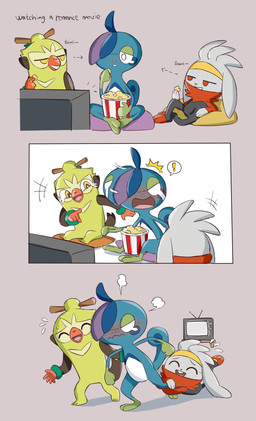5_fingers ambiguous_gender angry anthro blue_body blush bodily_fluids buckteeth crying directional_arrow eating eyes_closed fingers food fur gesture grey_body grey_ears grey_fur group hand_gesture laugh one_eye_obstructed pointing popcorn sitting tears teeth text tongue trio white_eyes yellow_eyes flowerpigeon73 nintendo pokemon drizzile generation_8_pokemon mammal pokemon_(species) primate raboot thwackey english_text hi_res