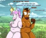 anthro big_breasts breasts brown_nipples conjoined duo english_text equid equine female fur horn horse mammal mismatched_nipples multicolored_nipples mythological_creature mythological_equine mythology navel nipples nude open_mouth pink_nipples slightly_chubby split_personality stuck_together text theyton unicorn wide_dicephalous