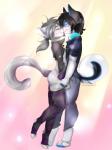 anthro black_hair blue_body blue_fur blush butt clothed clothing duo eyes_closed femboy fur hair kissing leggings legwear male male/male simple_background smile stripes theredghost steele troy_lesage canid canine domestic_cat felid feline felis mammal digital_media_(artwork) hi_res