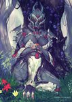 armor breasts crossgender detailed_background female flower hand_on_knee hand_on_leg light looking_at_viewer nature nature_background not_furry plant sitting solo sunlight tree tinynightingale digital_extremes tencent warframe chroma_(warframe) alien humanoid prime_warframe tenno hi_res