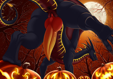 animal_genitalia anus black_body dead_tree erection feral food fruit genital_slit genitals holidays jack-o'-lantern knot knotted_penis long_neck looking_at_viewer low-angle_view male moon neck_spikes night outside penis plant pumpkin pupils quadruped red_body red_scales scales sky slit_pupils solo spiked_tail spikes spikes_(anatomy) star starry_sky tail tapering_penis toothy_grin tree ventral_scales wings worm's-eye_view yellow_eyes furrypur halloween mythology aldryk dragon mythological_creature mythological_scalie scalie winged_dragon 2024 digital_media_(artwork) hi_res