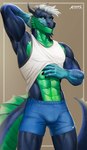 abs anthro athletic biceps big_tail black_sclera bottomwear brown_background claws clothed clothing clothing_lift forked_tail green_eyes hair hand_behind_head horn looking_at_viewer male multicolored_body multicolored_tail muscular muscular_anthro muscular_male muscular_thighs pecs pose presenting_abs ridged_tail serratus shirt shirt_lift shorts simple_background solo spikes spiky_hair tail tan_background tank_top topwear unusual_anatomy unusual_tail white_hair amon-sydonai jewish_mythology mythology nike aquatic_dragon dragon hybrid leviathan marine mythological_creature mythological_marine mythological_scalie scalie absurd_res hi_res watermark