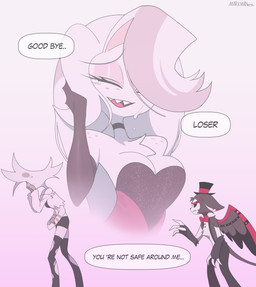 4_arms anthro biped black_body black_fur bodily_fluids choker clothed clothing crying duo eyelashes eyes_closed fingers fur jewelry male multi_arm multi_limb multicolored_body multicolored_fur necklace pink_background pink_body pink_fur side_view simple_background tears teeth tongue wings markmanez hazbin_hotel hellaverse angel_dust arachnid arthropod domestic_cat felid feline felis humanoid mammal absurd_res hi_res