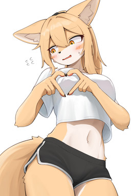 anthro bare_legs big_breasts blonde_hair blush bodily_fluids bottomwear breasts clothing crop_top dolphin_shorts embarrassed female female_anthro fluffy_ears fur glistening glistening_hair hair hair_between_eyes hand_symbol heart_symbol long_hair looking_away low-angle_view midriff multicolored_body multicolored_fur navel nipple_outline partially_open_mouth ponytail shirt shorts simple_background solo sweat tail topwear two_tone_body two_tone_fur white_background white_clothing white_crop_top white_topwear yellow_eyes jeifier rebekah canid canine fox mammal hi_res