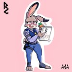 3_toes 4_fingers anthro blush carrot_pen clothing feet female fingers fur grey_body grey_fur implied_porn paws police police_uniform purple_eyes reading_note simple_background solo toes uniform luizcupertino disney zootopia judy_hopps lagomorph leporid mammal rabbit 1:1 digital_media_(artwork)