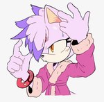 alternate_hairstyle anthro bathrobe bedhead bodily_fluids bracelet clothing female forehead_gem fur gem hair hair_down hair_over_eye jewelry one_eye_obstructed purple_body purple_fur robe solo sweat sweatdrop spinstellar sega sonic_the_hedgehog_(series) blaze_the_cat domestic_cat felid feline felis mammal 2022 hi_res