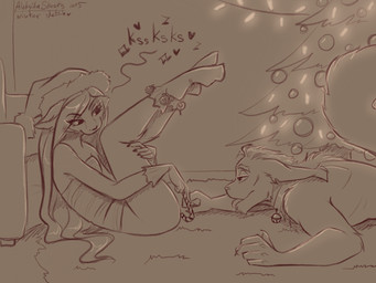 5_fingers anthro armchair aroused bedroom bedroom_eyes bell bell_collar breasts butt candy candy_cane carpet chair christmas_candy christmas_clothing christmas_decorations christmas_headwear christmas_lights christmas_topwear christmas_tree clothed clothing collar dessert duo emotional eyebrow_through_hair eyebrows eyelashes eyelashes_through_hair female female_anthro fingers floor fluffy fluffy_fur fluffy_tail food footwear foreplay fur furniture garlands gloves hair half_naked handwear hat headgear headwear heart_symbol holding_both_legs holidays jingle_bell jingle_bell_collar leaning leaning_on_object legs_lifted legs_together legs_up lights long_hair long_tail lying lying_on_ground male male/female male_anthro musical_note musical_symbol nails narrowed_eyes naughty_face no_underwear on_back on_front on_ground open_mouth plant santa_hat seductive shadow short_hair simple_background skinny_female small_breasts socks symbol tail tailless text thick_eyebrows tongue tongue_out topwear torn_ear translucent translucent_hair tree wall_(structure) aleksikashvets christmas aleksika_(aleksikashvets) rowan_(raveger) caracal caracal_(genus) domestic_cat felid feline felis mammal hi_res