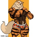 2022 abs absurd_res anthro anthrofied arcanine artist_name barazoku big_bulge big_muscles body_hair bulge canid canine claws clothed clothing darknaigart fur generation_1_pokemon hand_on_shoulder happy_trail hi_res huge_muscles male mammal mane muscular muscular_anthro muscular_male navel nintendo obliques pecs pokemon pokemon_(species) pokemorph pubes simple_background smile solo standing teeth thick_thighs topless topless_anthro topless_male tuft underwear