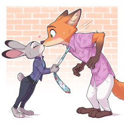 3_toes 4_fingers accessory aloha_necktie aloha_shirt angry anthro belt blue_body blue_skin blush bottomwear brick brick_background closed_smile clothing duo eyes_closed feet female fingers fur green_eyes grey_body grey_bottomwear grey_clothing grey_ears grey_fur grey_nose grey_pants grey_tail jacket kissing male male/female mouth_closed necktie orange_body orange_fur orange_skin orange_tail pants pattern_clothing pattern_shirt pattern_topwear pink_clothing pink_nose pink_shirt pink_topwear purple_clothing purple_eyes purple_jacket purple_topwear shirt smile tail toes topwear white_bottomwear white_clothing white_pants meircmei disney zootopia judy_hopps nick_wilde canid canine fox lagomorph leporid mammal rabbit red_fox true_fox 1:1 absurd_res hi_res signature