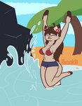 anthro big_breasts big_butt bikini bikini_top breasts butt clothing female happy playful solo swimming_trunks swimwear two-piece_swimsuit nokamiwd bam_(khainethewolf) domestic_cat felid feline felis mammal absurd_res hi_res