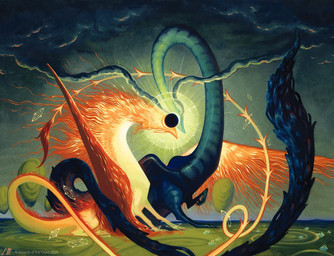 ambiguous/ambiguous ambiguous_gender blue_body cloud duo feral feral_on_feral floating_rocks fur grass long_tail orange_body outside plant tail wings serena_malyon hasbro magic:_the_gathering mythology wizards_of_the_coast dragon furred_dragon furred_scalie mythological_creature mythological_scalie scalie 2026 official_art traditional_media_(artwork)