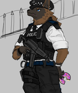 anthro armor black_nose blue_eyes body_armor brown_body brown_fur clothing crumbs dessert doughnut eating food fur gun hat headgear headwear holding_object holding_weapon male mp5 necktie pastry police police_officer_eating_donut police_uniform ranged_weapon solo trigger_discipline uniform weapon im51nn5 heckler_and_koch canid canine canis domestic_dog german_shepherd herding_dog mammal pastoral_dog 2020 absurd_res hi_res portrait three-quarter_portrait