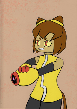 arm_cannon boots brown_eyebrows brown_hair brown_tail clothing eyebrows female footwear gun_arm hair ranged_weapon shoes solo tail weapon weapon_arm yellow_boots yellow_clothing yellow_footwear ccxiaoyi123 gameoverse glitch_productions kit_bodega domestic_cat felid feline felis mammal absurd_res hi_res