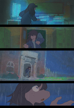 ambiguous_gender anthro backpack biped building chalkboard clothed clothed_anthro clothing desk detailed_background furniture hair inside locker outside raining school solo table walking window rangai deltarune undertale_(series) susie_(deltarune) reptile scalie 2021 comic digital_drawing_(artwork) digital_media_(artwork) english_description japanese_description female_(lore)