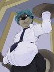 anthro belly big_belly black_bottomwear black_clothing black_pants blue_ear_piercing blue_eyes blue_hair blue_necktie bottomwear brown_body brown_fur clothing container cup ear_piercing fur glass glass_container glass_cup hair inside low-angle_view male necktie otter_tail pants piercing pregnant pregnant_male server solo topwear waiter waiter_suit waiter_tray white_clothing white_topwear pandottermon mammal mustelid otter hi_res