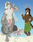 anthro balls beach big_breasts big_penis blonde_hair breasts clothing dialogue duo flaccid fluffy fluffy_tail foreskin fur genitals green_eyes grey_body grey_fur gynomorph hair huge_penis humanoid_genitalia humanoid_penis intersex larger_gynomorph larger_intersex long_foreskin long_penis male markings muscular muscular_anthro muscular_gynomorph muscular_intersex nude penis ponytail pubes shirtless size_difference smaller_male speech_bubble spots spotted_body spotted_fur swimming_trunks swimwear tail text walking hyucaze hyu felid mammal pantherine snow_leopard hi_res