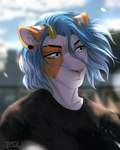 anthro blue_eyes blue_hair clothed clothing day detailed_background eyebrows eyelashes hair horn male outside sky solo lesspie sun_(smu) felid feline mammal 2022 4:5 digital_media_(artwork) hi_res