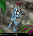 accessory anklet anthro blue_body blue_scales bracelet breasts claws cleavage clothed clothing fangs feathers female forest furgonomics furry_specific_accessory headdress holding_object holding_weapon jewelry jungle legband melee_weapon plant polearm pupils rock scales sharp_teeth shield slit_pupils solo spear tail tail_accessory tail_bracelet tail_jewelry teeth temple thigh_bags thighband tree tribal tribal_clothing weapon yellow_eyes quicktron warhammer_(franchise) warhammer_fantasy lizard reptile scalie skink_(warhammer_fantasy)