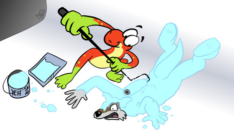 4_fingers 4_toes anthro belly bent_legs biped bird's-eye_view black_eyes black_nose calves_up casual_nudity duo ears_outwards featureless_feet feet fingers floating_eyebrows fluffy fluffy_tail fur glance gloves_(marking) green_body green_feet green_hands green_scales green_spots grey_body grey_fur helpless high-angle_view humanoid_feet humanoid_hands humanoid_heel leg_markings looking_aside looking_at_another lying male markings multicolored_body multicolored_fur multicolored_scales nude nude_anthro nude_male null nullification on_front paint paint_bucket paint_on_body paint_roller pivoted_ears plantigrade red_body red_scales scales smile smiling_at_viewer socks_(marking) spots standing tail toes toony transformation two_tone_body two_tone_fur white_sclera yellow_belly yellow_body yellow_scales hexadoodle hex_(hexadoodle) serling_(serling) ych_(character) amphibian canid canine canis coyote frog mammal 16:9 2022 colored dated digital_drawing_(artwork) digital_media_(artwork) flat_colors hi_res signature widescreen