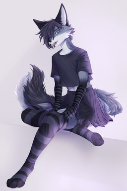 anthro blue_body blue_eyes blue_fur bottomwear cheek_tuft clothed clothed_male clothing clothing_pull crop_top detailed_fur electricity facial_tuft fangs femboy fluffy fluffy_ears fluffy_tail fully_clothed fully_clothed_male fur grey_body grey_fur handwear legwear light lightning looking_at_viewer male open_mouth shirt simple_background skirt solo stockings tail teeth topwear tuft white_background white_body white_fur murfa canid canine fennec_fox fox mammal true_fox detailed hi_res