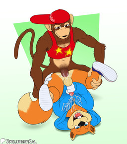 anal anal_orgasm anal_penetration anthro anthro_on_anthro anthro_penetrated anthro_penetrating anthro_penetrating_anthro armpit_hair balls baseball_cap black_nose blue_eyes bodily_fluids body_hair bottomless bottomless_anthro bottomless_male brown_body brown_eyes brown_fur buckteeth butt clothed clothing cum cum_inside cum_on_balls cum_on_chest cum_on_clothing cum_on_self cum_while_penetrated cumshot duo ejaculation erection footwear from_front_position fur genital_fluids genitals gloves hands-free handwear hat headgear headwear holding_another holding_both_legs holding_penis humanoid_genitalia humanoid_penis looking_pleasured male male/male male_penetrated male_penetrating male_penetrating_male masturbation navel open_mouth orange_body orange_fur orgasm penetration penile penile_penetration penis penis_in_ass pubes reverse_wheelbarrow_position sex shirt shoes shoulder_stand simple_background smile sneakers spread_legs spreading sweat sweater tail tank_top teeth tongue topwear zipper spelunker_sal conker's_bad_fur_day donkey_kong_(series) nintendo rareware conker diddy_kong haplorhine mammal monkey primate rodent sciurid tree_squirrel 2026 digital_media_(artwork) hi_res