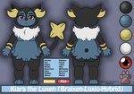 anthro barely_visible_breasts black_body black_fur blue_body blue_fur breasts eyebrows eyelashes female fluffy fur red_eyes red_nose simple_background solo text white_body white_fur yellow_body yellow_fur darknetic fakemon nintendo pokemon kiara_the_luxen_(darknetic) luxen braixen generation_4_pokemon generation_6_pokemon hybrid luxio pokemon_(species) absurd_res english_text flat_colors hi_res model_sheet