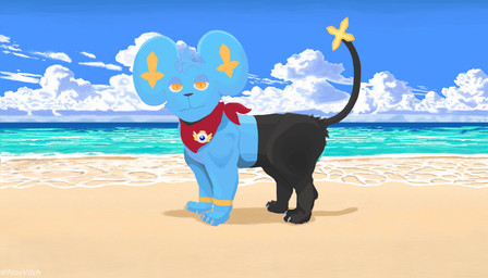 beach black_body blue_body blue_fur claws cloud feral fur head_tuft male paws quadruped red_scarf scarf sky solo tail text tuft yellow_body yellow_eyes nosvilch nintendo pokemon pokemon_mystery_dungeon spike_chunsoft zussman felid generation_4_pokemon mammal pokemon_(species) shinx hi_res signature