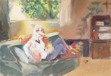 anthro bedding biped black_undershirt blanket bone_frill bookshelf bottomwear bow_ribbon clothed clothed_anthro clothed_female clothing collared_shirt cross curtains curtains_open denim denim_bottomwear denim_clothing dress_shirt duo feathers female frill_(anatomy) fully_clothed furniture grey_body grey_feathers grey_hair hair happy jeans jewelry living_room long_hair looking_at_viewer markings necklace neonate orange_eyes painted_background pants plant religious_symbol shirt sitting smile sofa topwear tree young cavemanon cavemanon_studios goodbye_volcano_high ko_op_(game_developer) snoot_game amber_(snoot_game) fang_(gvh) prehistoric_species pterosaur reptile scalie digital_media_(artwork) digital_painting_(artwork) hi_res painting_(artwork) daughter_(lore) mother_(lore) mother_and_child_(lore) mother_and_daughter_(lore) parent_(lore) parent_and_child_(lore) parent_and_daughter_(lore)