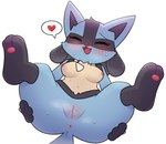 anthro anthrofied anus areola biped black_body black_fur blue_body blue_fur blush blush_lines bodily_fluids breasts cute_fangs eyes_closed female fur generation_4_pokemon genital_fluids genitals happy heart_symbol hi_res lucario lying medium_breasts nintendo nipples on_back open_mouth open_smile park_horang pokemon pokemon_(species) presenting presenting_pussy pussy simple_background smile solo speech_bubble spread_legs spreading sweat tan_body tan_fur vaginal_fluids white_background