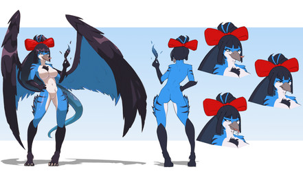 anthro back_wings big_wings black_body black_feathers black_hair blue_body blue_feathers bow_ribbon breasts butt chest_tuft claws feathers featureless_breasts featureless_crotch female female_anthro hair hand_on_hip holding_feather multicolored_body multicolored_feathers navel nude nude_anthro red_bow shadow solo tail tuft white_body white_claws white_feathers wings nixmoonl avian bird absurd_res hi_res model_sheet