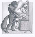 anal anal_penetration anthro arjuna balls butt duo erection femboy genitals greyscale hi_res male male/male male_penetrated male_penetrating male_penetrating_male mammal mink mirror monochrome mustelid musteline nude open_mouth penetration penis sex smile standing traditional_media_(artwork) true_musteline