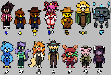 accessory ambiguous_gender anthro avian_feet badge beak bell belt belt-buckle black_bottomwear black_clothing black_nose black_skirt blue_body blue_clothing blue_eyes blue_feathers blue_kerchief blue_neckerchief blue_shirt blue_topwear blush boots bottomwear brown_body brown_clothing brown_feathers brown_overalls cape claws clothed clothing cowboy_hat curly_hair denim denim_bottomwear denim_clothing ear_piercing ear_ring eyes_closed eyewear fangs farmer feathered_wings feathers feet female fingerless_gloves flower fluffy fluffy_hair footwear fox_tail fur glasses gloves goggles gold_belt_buckle green_clothing green_hat green_headwear green_jacket green_scarf green_topwear group hair handwear hat headband headgear headwear heart_symbol horn jacket jeans kerchief leggings legwear light_bulb machine male maroon_sweater mature_female missing_arm missing_limb muscular muscular_female neck_tuft neckerchief neckwear orange_hair overalls oversized_clothing pants petals piercing pink_body pink_clothing pink_fur pink_jacket pink_topwear plant pointy_ears ponytail purple_body purple_fur purple_hair red_boots red_bottomwear red_clothing red_footwear red_hair red_pants ribbons ring_piercing robe scarf sheriff shirt shoes shoulder_pads simple_background skirt smile standing star tail tan_body tan_fur teeth tied_hair topwear tuft wheel white_boots white_clothing white_footwear white_shirt white_topwear wings yellow_body yellow_feathers moronicpixels deltarune deltarune_yellow undertale undertale_(series) undertale_yellow axis_(undertale_yellow) ceroba_ketsukane chujin_ketsukane clover_(undertale_yellow) dalv_(undertale_yellow) dina_(undertale_yellow) flowey_the_flower honeydew_shopkeeper kanako_ketsukane martlet_(undertale_yellow) starlo_(undertale_yellow) armadillo avian bear bird blue_bird canid canine elemental_creature elemental_humanoid flora_fauna fox human humanoid mammal monster plant_humanoid reptile robot scalie snake ursine vampire xenarthran digital_media_(artwork) pixel_(artwork)