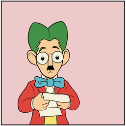 blue_bow_tie border bow_tie clothing confusion eyewear facial_hair glasses green_hair hair human_only jacket male mustache not_furry note offscreen_character offscreen_female pink_background red_clothing red_jacket red_topwear round_glasses simple_background solo topwear white_border garishgoat link's_awakening nintendo the_legend_of_zelda mr._write_(tloz) human mammal