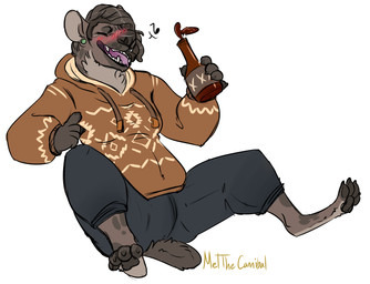 4_toes 5_fingers alcohol anthro barefoot beverage biped black_nose blush bottle bottomwear brown_body brown_fur clothed clothing container digitigrade drunk ear_piercing eyes_closed feet female fingers fully_clothed fur grey_body grey_fur hair holding_bottle holding_container holding_object hoodie musical_note musical_symbol open_mouth open_smile overweight overweight_anthro overweight_female pants pawpads piercing short_hair simple_background sitting smile solo substance_intoxication sweater symbol toes topwear white_background meldritchhorror kuro_(artyeen) hyena mammal spotted_hyena 2017 digital_media_(artwork) hi_res