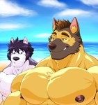 anthro beach beard big_pecs blue_eyes blush blush_lines brown_hair brown_nipples clothed clothing cloud duo facial_hair five_o'clock_shadow fur hair looking_at_another looking_at_partner looking_down male multicolored_body multicolored_fur muscular muscular_anthro muscular_male nipples pecs pink_nipples purple_body purple_fur purple_hair sea seaside smug_face topless two_tone_body two_tone_fur water white_body white_fur yellow_body yellow_eyes yellow_fur titandraugen after_class gil_(after_class) gilbert_learnard walter_(after_class) walter_graham canid canine canis domestic_dog german_shepherd herding_dog mammal pastoral_dog wolf 2022 hi_res