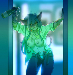 alcohol anthro areola beverage biped bottle breasts cigarette clothed clothing container drunk female half-closed_eyes holding_bottle holding_container holding_object looking_at_viewer narrowed_eyes navel nipples open_clothing open_shirt open_topwear shirt smile solo standing substance_intoxication topwear unzipped zipper chococosalo felid mammal low_res
