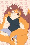 anthro biceps bottomwear brown_body brown_fur clothing fur male muscular muscular_anthro muscular_male pawpads pecs shorts sitting smile solo heylaw21 lifewonders live_a_hero barrel_(live_a_hero) canid canine canis mammal wolf absurd_res hi_res