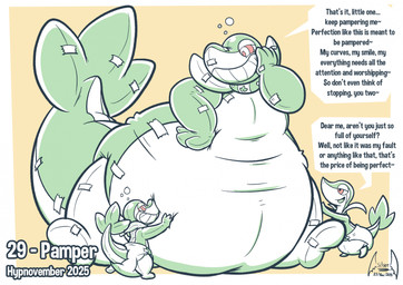 abstract_background ambiguous_gender anthro biped brainwashing clean_diaper clothed clothing dialogue diaper green_body hypnosis mind_control obese obese_ambiguous obese_anthro overweight overweight_ambiguous overweight_anthro simple_background size_difference speech_bubble text toony wearing_diaper soul-silver-dragon hypnovember hypnovember2025 nintendo pokemon animate_inanimate diaper_creature generation_5_pokemon pokemon_(species) snivy 2025 alternate_version_at_source digital_media_(artwork) english_text hi_res signature