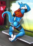 anthro artist_rucho ass_up bandai_namco blue_body blue_scales blue_skin bulge bulge_from_behind bus_stop butt claws clothing cruising day detailed_background digimon digimon_(species) digimon_02 exhibitionism feet femboy flamedramon flirting foot_fetish half_naked hi_res jockstrap kneeling kneeling_on_bench male outdoor_nudity paws presenting presenting_hindquarters rear_view red_eyes rucho scales scalie shirt slim solo spread_legs spreading straps t-shirt tail topwear underwear vilgoser
