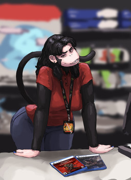 anthro arm_support black_body black_fur black_hair blue_nails bottomwear braces clothed clothing collared_shirt colored_nails denim denim_bottomwear denim_clothing ear_piercing female fur game_case hair head_tilt inside jeans lanyard leaning leaning_forward looking_at_viewer nails pants piercing red_eyes shirt smile smiling_at_viewer solo toothy_grin topwear redustheriotact assassin's_creed assassin's_creed_shadows forspoken gamestop playstation playstation_5 sony_corporation sony_interactive_entertainment ubisoft janette_(redustheriotact) haplorhine mammal monkey primate 2026 hi_res