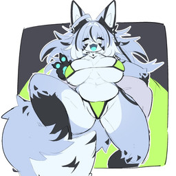 ahoge anthro bangs big_breasts bikini black_markings blue_body blue_fur blue_hair blue_mouth blue_pawpads blue_tongue breasts clothing eyelashes eyes_closed female fluffy fluffy_tail fur gesture hair hand_gesture inner_ear_fluff long_hair lying markings navel on_back open_mouth pawpads simple_background slightly_chubby solo spread_legs spreading swimwear tail thick_thighs thong tongue tuft two-piece_swimsuit underwear v_sign shiyaa_stuff canid canine fox mammal 1:1 colored colored_sketch digital_drawing_(artwork) digital_media_(artwork) flat_colors sketch
