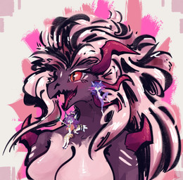 anthro big_breasts bottomless breasts clothed clothing extreme_size_difference featureless_breasts featureless_crotch female group hair horn jacket jacket_only magic non-mammal_breasts nude open_mouth purple_body purple_hair red_eyes sitting_on_character size_difference smile tail topwear topwear_only whiskers savielle mythology ash_(savielle) ephie_(savielle) razulia_(trololohstuffs) dragon felid mammal mythological_creature mythological_scalie scalie 2025 absurd_res digital_media_(artwork) hi_res