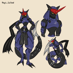 anthro black_body black_scales blade clothing fishnet_clothing fishnet_legwear horn katana legwear male mask melee_weapon ninja scales solo sword tail tail_blade warrior weapon weapon_tail yellow_eyes b00b00keys bandai_namco digimon digimon_(species) fumamon scalie 1:1 hi_res