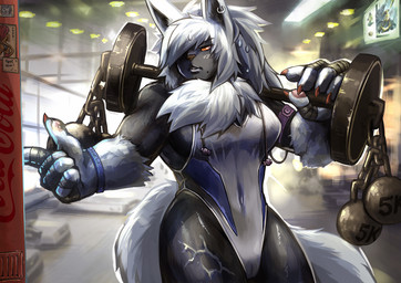 anthro camel_toe clothing ear_piercing exercise female hair inside kemono leotard long_hair muscular muscular_anthro muscular_female piercing solo tail weights white_hair link2004 mammal unknown_species 2014
