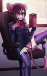 anthro biped blinds bodily_fluids brown_hair chair clitoris clothed clothing clothing_aside clothing_pull deciding eyewear female fur furniture genital_fluids genitals hair legwear looking_at_viewer looking_down office office_chair panties panties_aside panty_pull pink_eyes pussy raising_leg red_eyes sitting smile solo thigh_highs underwear underwear_aside underwear_pull upskirt vaginal_fluids white_body white_fur arh arh_(character) mammal mouse murid murine rodent hi_res signature