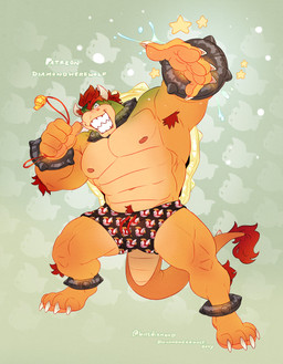 5_fingers abs anklet anthro areola armpit_hair barefoot bent_legs biceps big_muscles blush body_hair bottomwear bracelet bulge claws clothed clothing collar digitigrade eyebrows eyes_closed feet fingers flotation_device green_background hair holding_object horn inflatable jewelry legband male muscular muscular_anthro muscular_male navel nipples non-mammal_nipples obliques pattern_background pattern_bottomwear pattern_clothing pattern_swimming_trunks pattern_swimwear pecs pubes serratus shell simple_background smile solo spiked_anklet spiked_bracelet spiked_collar spiked_legband spiked_shell spiked_tail spikes spikes_(anatomy) splash standing star summer swimming_trunks swimwear tail tail_hair teeth text thick_arms thick_thighs toothy_grin topless topless_anthro topless_male water whistle_(object) diamondwerewolf mario_bros nintendo patreon bowser cheep_cheep koopa scalie 2025 absurd_res artist_name english_text full-length_portrait hi_res portrait signature