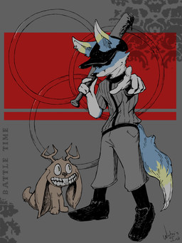 5_fingers abstract_background anthro antlers baseball_bat baseball_cap baseball_uniform bat_(object) biped blue_body blue_fur bottomwear clothed clothed_male clothing ear_piercing ear_ring feral fingers footwear fur gesture hand_gesture hat headgear headwear holding_baseball_bat horn male male_anthro pants piercing pointing pointing_at_viewer pointy_ears quadruped ring_piercing shoes solo sportswear standing tan_body tan_fur uniform wintersink off_(game) look_fox the_batter_(off) the_judge_(off) add-ons_(off) canid canine fox jackalope lagomorph mammal 2025 3:4 absurd_res hi_res signature